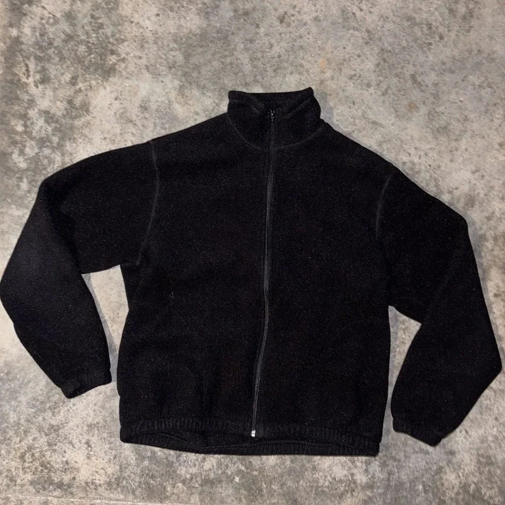 LL Bean Fleece Jacket Mens LR Black Pockets Mock Neck Outdoor Warm Full Zip Warm